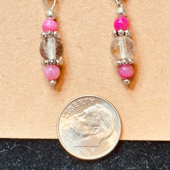 Stainless Steel Dangle Earrings w/Rutilated Quartz & Crackle Quartz - Picture 8 of 10